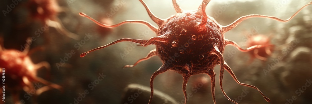 Poster 3d visualization of a virus attacking a cell, showcasing intricate details of cellular invasion and 