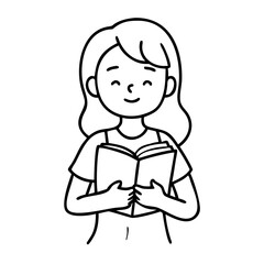  Smiling Girl Reading Book Line Art Vector in Black and White for Education Themes