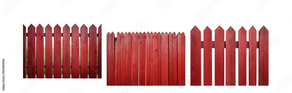 Poster red wooden fence with pointed top rails.