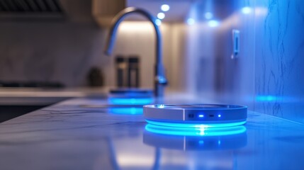 Close-up of smart home devices glowing on a marble kitchen countertop, with a sleek modern faucet in the background. Home automation, futuristic living spaces, Internet of Things (IoT), smart 