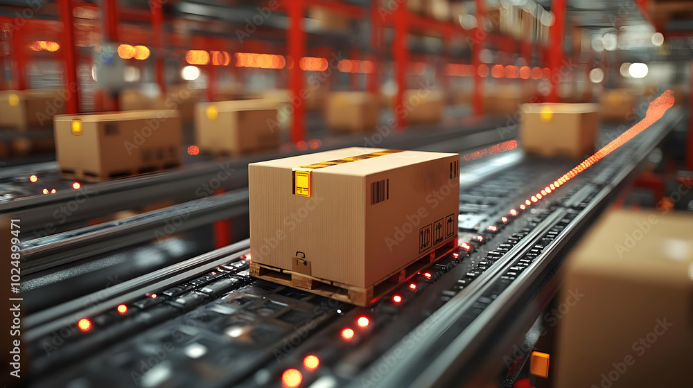 Poster automated conveyor system transporting packages in a warehouse.