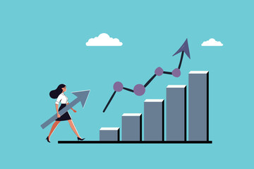 The businesswoman is preparing to bring an upward direction to push the graph