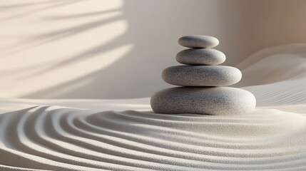 A zen composition of three balanced stones, arranged in a pyramid shape, soft shadows and highlights, placed on a smooth raked sand surface, subtle gradients of beige and gray,