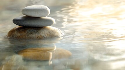 Obraz premium A zen stone composition with three smooth stones of varying sizes, arranged in a balanced pyramid, muted earthy colors like sand, gray, and white, placed on a gentle flowing water surface,