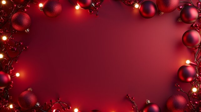 Red festive background with Christmas ornaments and berry branches arranged around the edges with glowing lights enhancing the holiday theme.