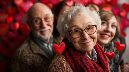 Seniors Joyfully Celebrating Valentine’s Day With Friends Amid a Backdrop of Whimsical Heart Decorations in a Cozy Indoor Setting