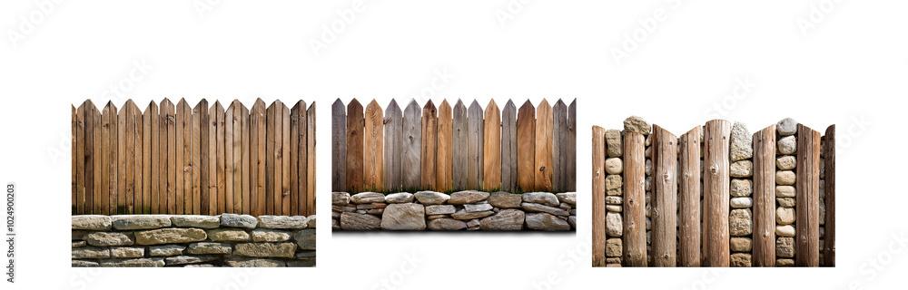 Poster three sections of a rustic fence made from wooden planks and stacked stones.