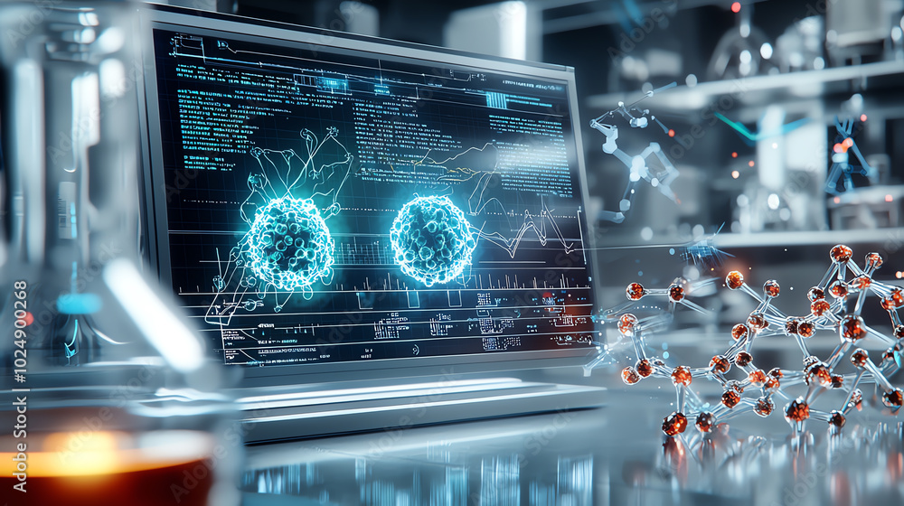 Poster modern laboratory with computer displaying molecular structures and experiments.