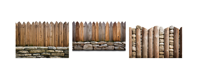 Three sections of a rustic fence made from wooden planks and stacked stones.