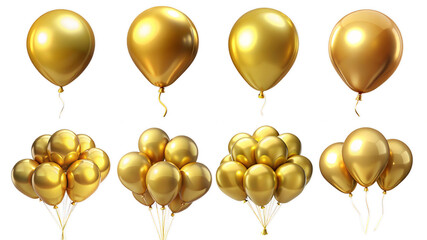3d render set of gold balloons isolated on transparent background Cartoon Illustration in plastic style