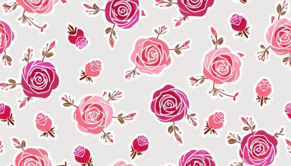 Pink and Red Roses Pattern on Light Gray Background