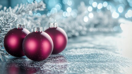 Fototapeta premium Deep plum-colored Christmas ornaments on a brushed silver surface, with frosty branches and icy blue bokeh in the background, copy space, Merry Christmas background, modern winter decor