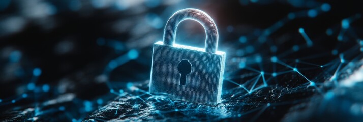 Shining Digital Padlock on Dark Blue Background, Cybersecurity and Data Protection Concept