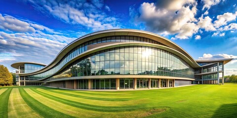 Obraz premium Modern building with curved roof and large windows, surrounded by grassy area