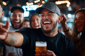 group of friends enjoying lively night at bar, laughing and having fun together. atmosphere is filled with joy and camaraderie as they share memorable moments