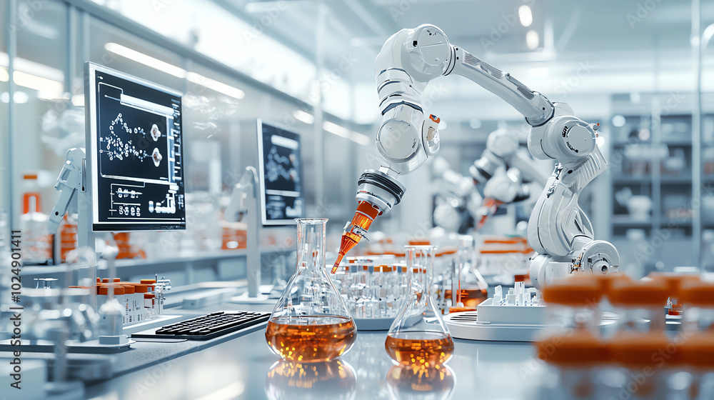 Poster robotic arm working in a modern laboratory, performing experiments with beakers.