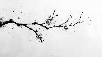 Obraz premium Abstract ink brush stroke art of a cherry blossom branch, delicate black lines with splatters and blots, minimalist style on a white textured background, subtle shading for depth,