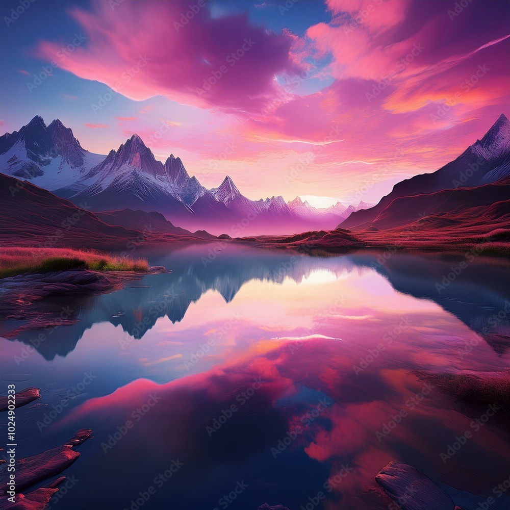 Wall mural pink and purple mountain landscape with clouds water and reflection serene nature travel scene in sunset light