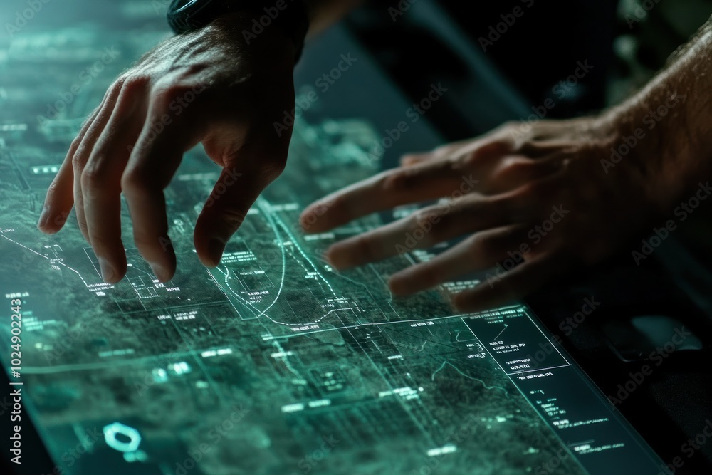 Poster hands interacting with high-tech digital display