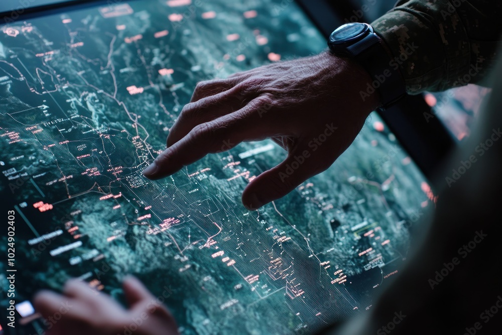 Poster hands interacting with high-tech digital interface
