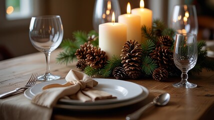 Fototapeta premium A rustic holiday table setting with candles, pine cones, and greenery.
