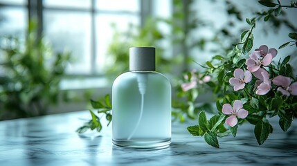 A soft-focus perfume bottle surrounded by greenery and flowers.