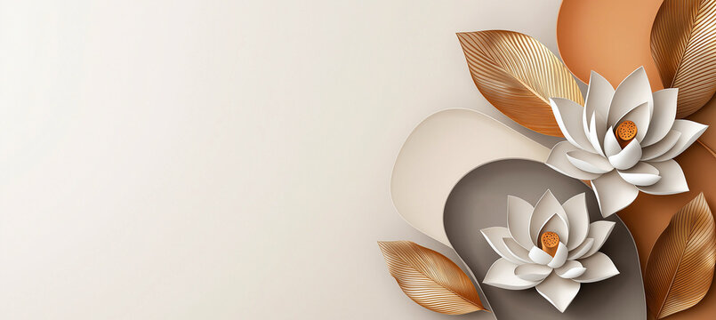 Elegant abstract lotus flowers with golden leaves create serene and harmonious composition, perfect for adding touch of sophistication to any design