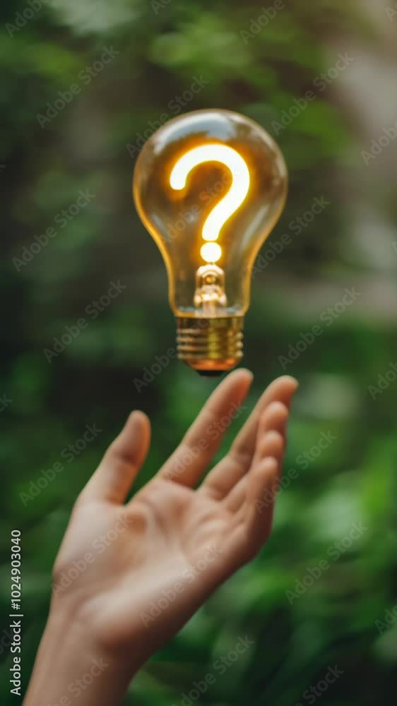 Poster woman is holding a glowing light bulb with a question mark inside, representing the search for answe