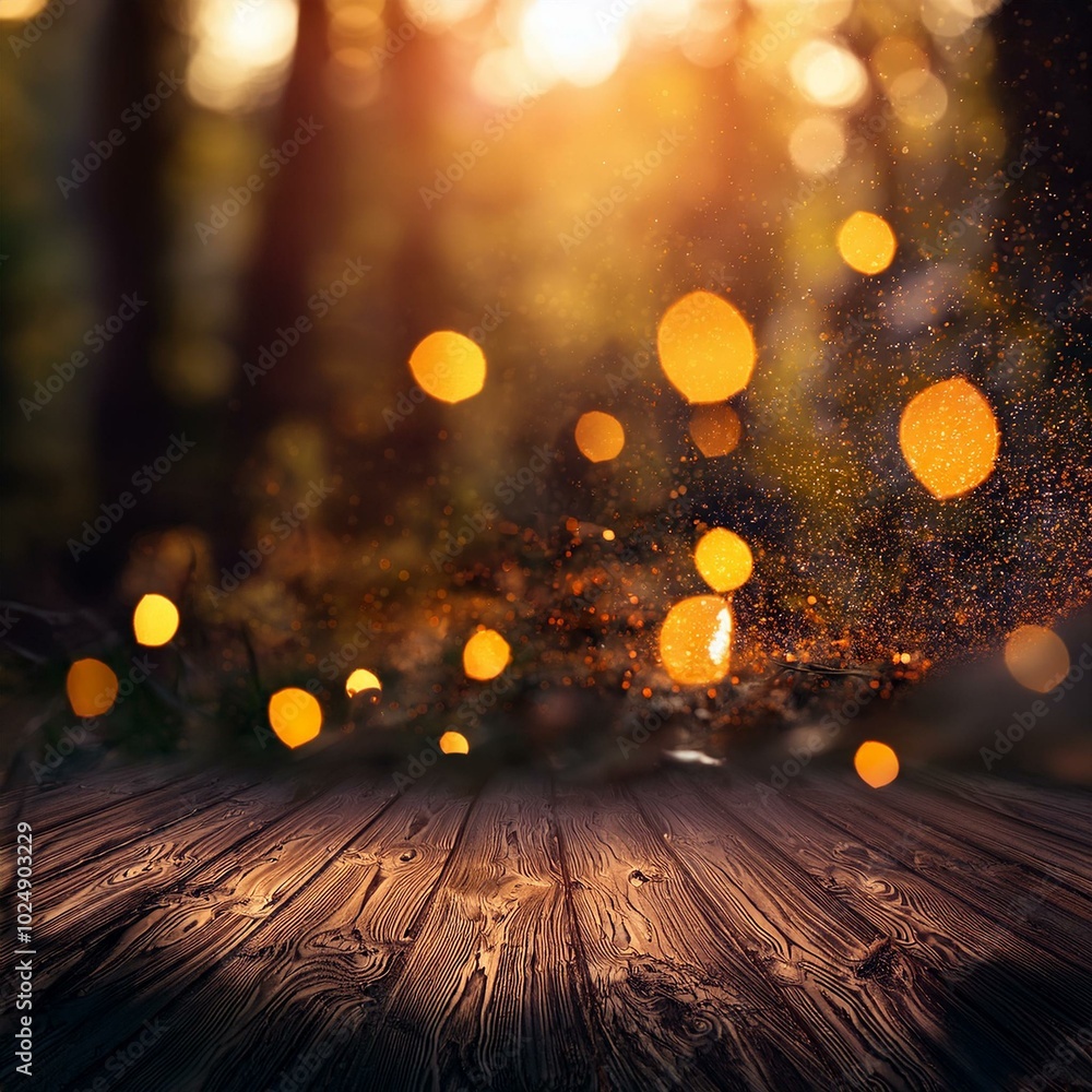 Canvas Prints magical forest floor with glowing orange particles dreamy bokeh effect evening mystic background enc