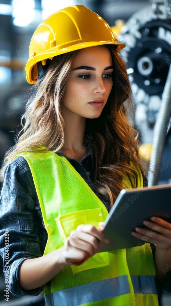 Aufkleber using a tablet in an industrial setting while wearing safety gear