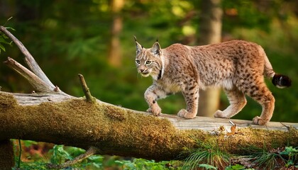 Fototapeta premium european lynx or bobcat walking on fallen tree in the forest