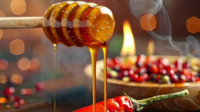 Closeup of honey being drizzled onto red chili pepper against blurred background with bokeh lights. food scene features vibrant colors and warm ambiance. Swicy sweet and spicy trend