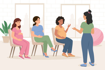 Group of pregnant women visited  psychology support courses. Female couch speaking about pregnancy and maternity.  Pregnancy Support, Prenatal Psychology Help, Happy Motherhood. Vector illustration