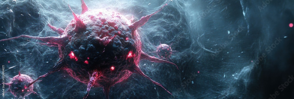 Poster intricate 3d visualization of a virus penetrating a host cell, showcasing cellular structures and vi