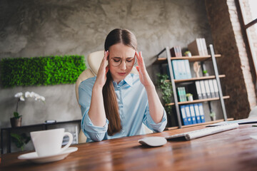 Photo of stressed depressed lady specialist dressed shirt feeling headache indoors workstation...