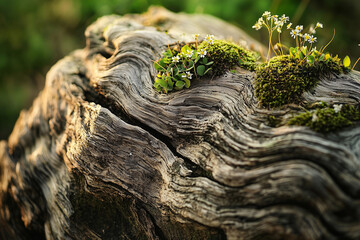 Natural weathered wood grain with blooming flowers and moss for Scandinavian-style decor and design.