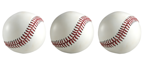 three set of baseballs with red stitching isolated transparent background
