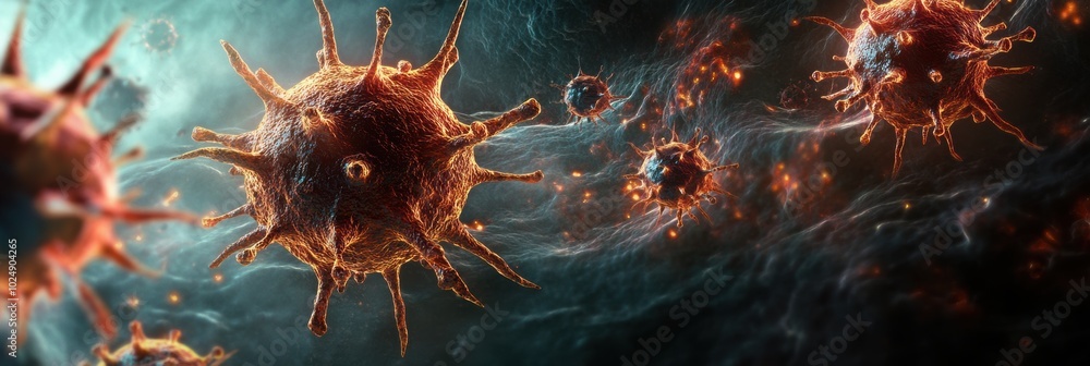 Poster virus invasion of a cell visualized in 3d, showcasing intricate details of cellular interaction and 