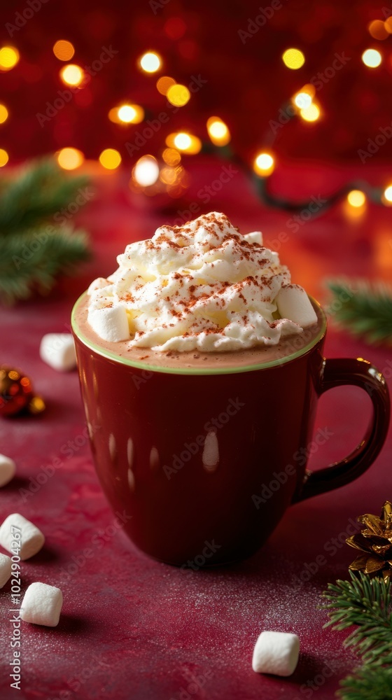 Aufkleber hot chocolate with whipped cream and marshmallows, placed on a mint table with a deep ruby backdrop 