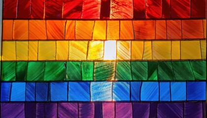 Fototapeta premium Vibrant Glass Mosaic Tile Wall in the Colors of the LGBTQ Pride Flag, Displaying a Gradient Spectrum from Red to Violet. Perfect for Artistic Concepts, Design, and LGBTQ+ Pride or Celebration Themes