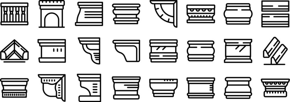 Baseboard molding icons set. Set of architectural element icons showing cornice moulding types and styles