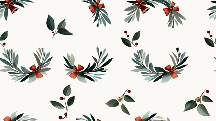 beautiful pattern featuring watercolor Christmas wreaths adorned with red bows and greenery, perfect for festive decorations and holiday themes