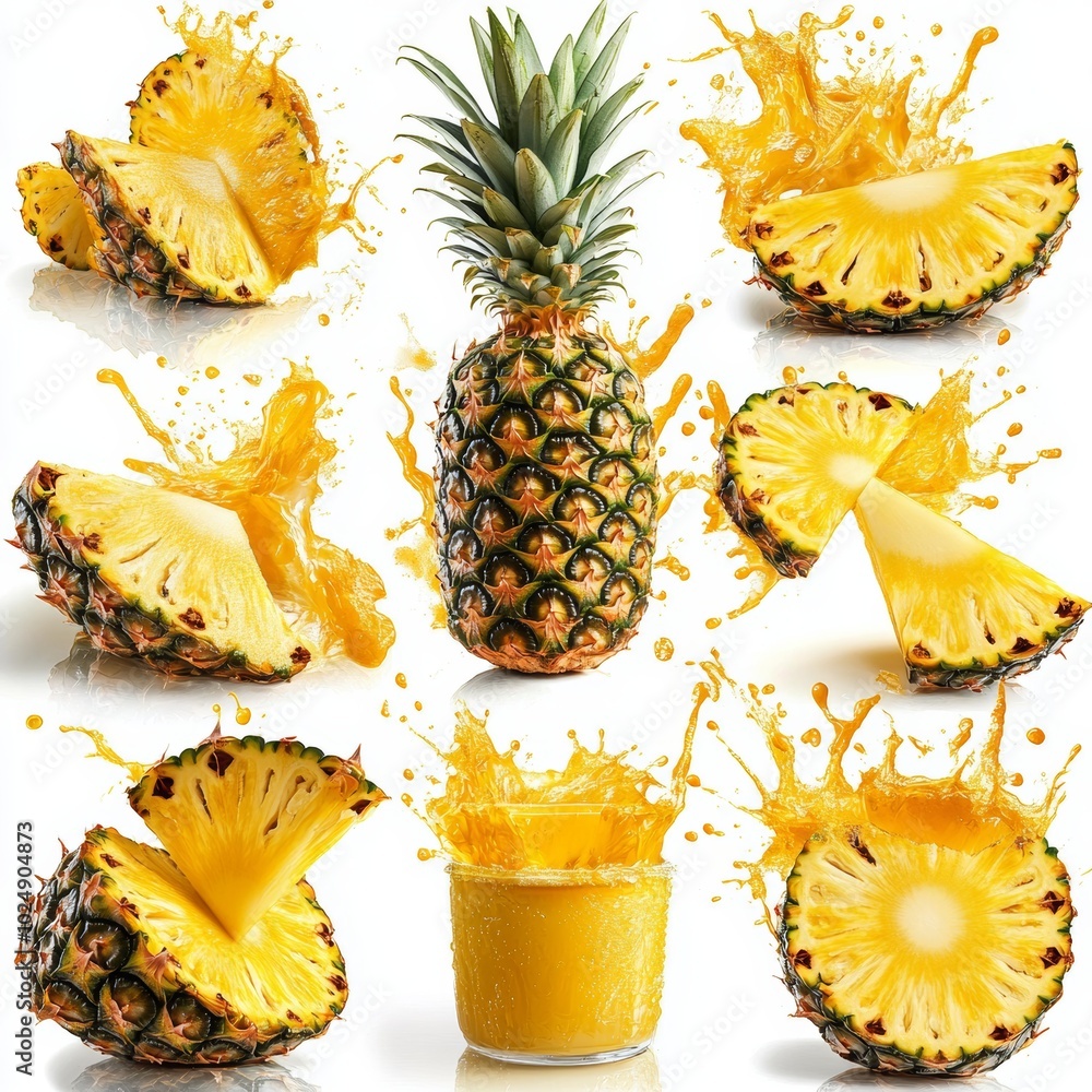 Canvas Prints Fresh pineapple pieces splashed with juice, cut out