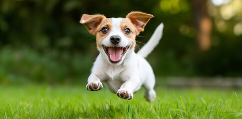 playful Jack Russell Terrier puppy joyfully runs across lush green lawn, showcasing its energetic spirit and adorable features. This lively scene captures essence of happiness and playfulness in pet