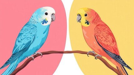 A pair of budgerigars chirping, vector art, tropical colors, isolated on white background