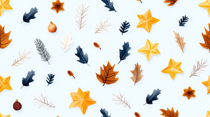 Obraz premium Colorful autumn leaves and stars scattered on light background create vibrant seasonal pattern. This design evokes warm, cozy feeling of fall