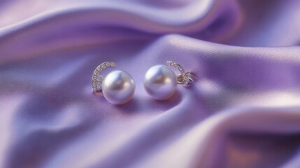 Luxurious pearl earrings displayed on a soft lavender silk fabric, with a lavender-to-silver gradient backdrop and subtle festive glimmers, Copy space, happy Diwali background, traditional, Indian 