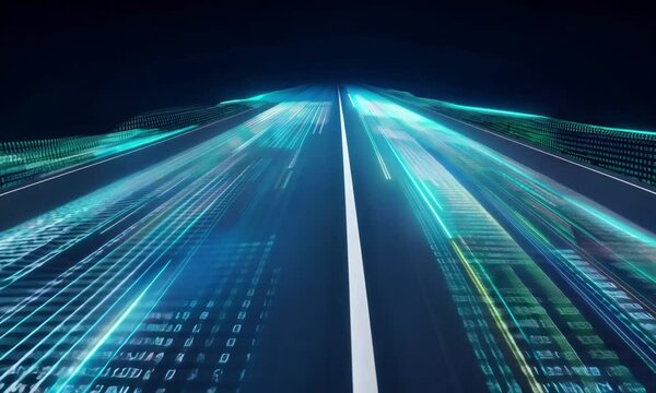 Abstract digital road made of binary code and lines of light.