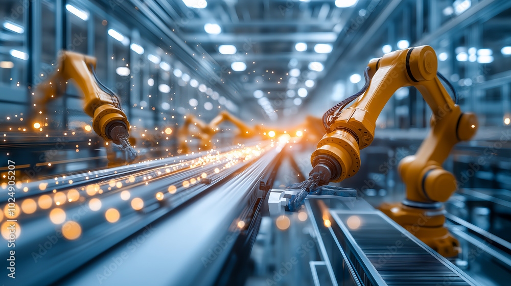 Poster robotic arms on assembly line create dynamic industrial scene filled with energy and innovation. bri