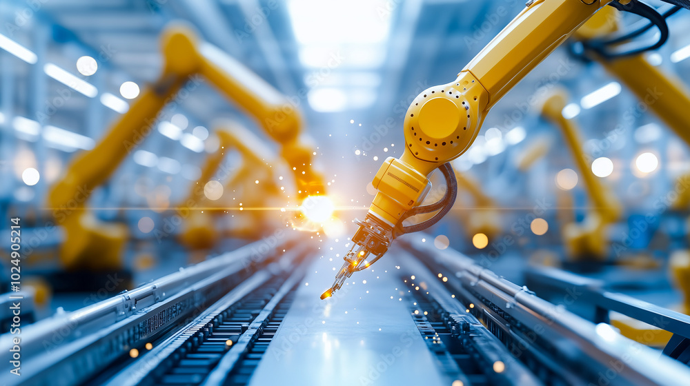 Poster robotic arm operates on assembly line, showcasing advanced automation technology in modern industria